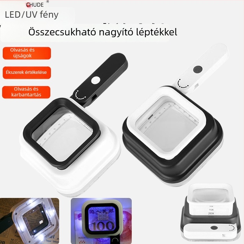 Kézben tartható LED nagyító skálával bankjegy-ellenőrzéséhez, márka Chuda, modell 8016, 3x nagyítás