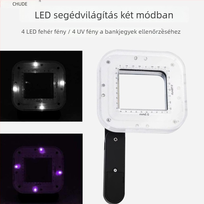 Kézben tartható LED nagyító skálával bankjegy-ellenőrzéséhez, márka Chuda, modell 8016, 3x nagyítás
