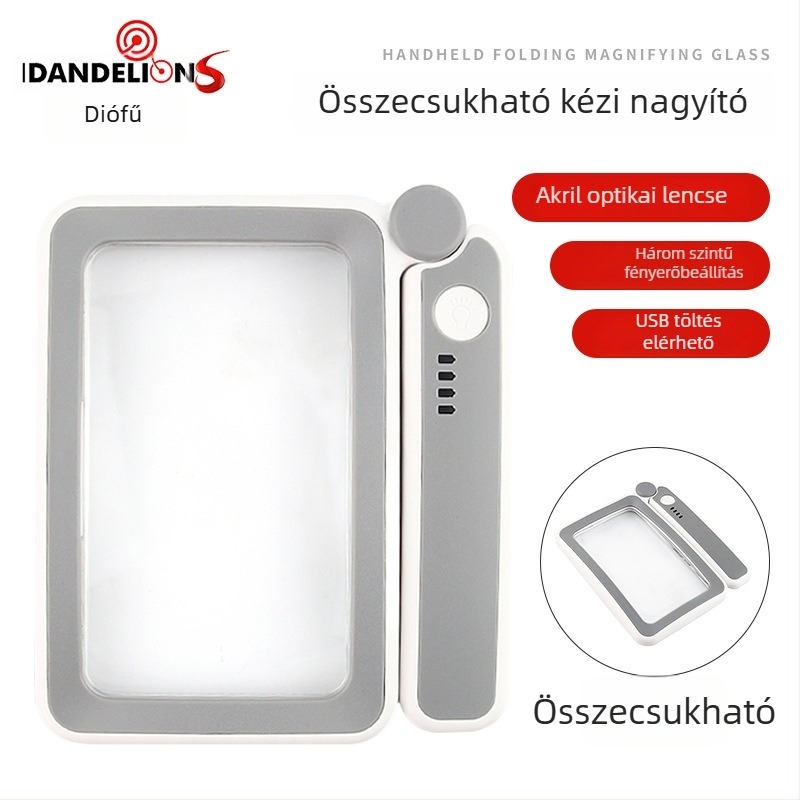 Összecsukható négyzet alakú kézi nagyító USB töltéssel, 10 LED-del, háromfokozatú fényerővel és akkumulátor kijelzővel