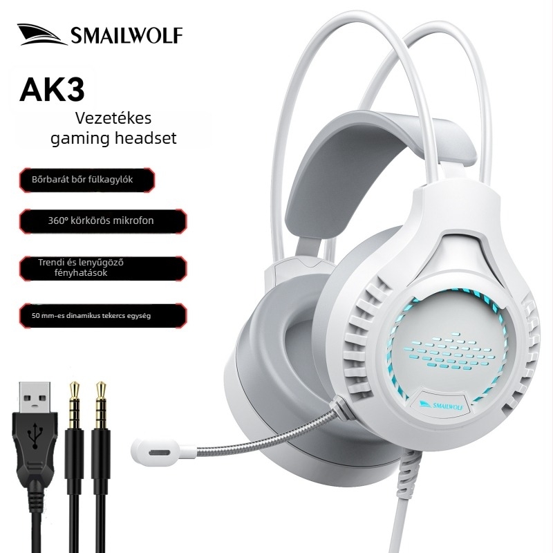 Gaming fejhallgató Ak3, vezetékes, 50 mm meghajtó, 3,5 mm-es csatlakozó, 20–20kHz, mikrofon, műbőr fülpárnák, 2 m kábel