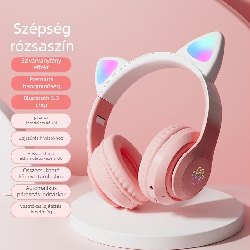 Bluetooth macskafül fejhallgató, fejre illeszkedő, vezeték nélküli gaming fejhallgató, sztereó hangzás, Bluetooth 5.3, 10 m hatótávolság, akkumulátor élettartam 8+ óra