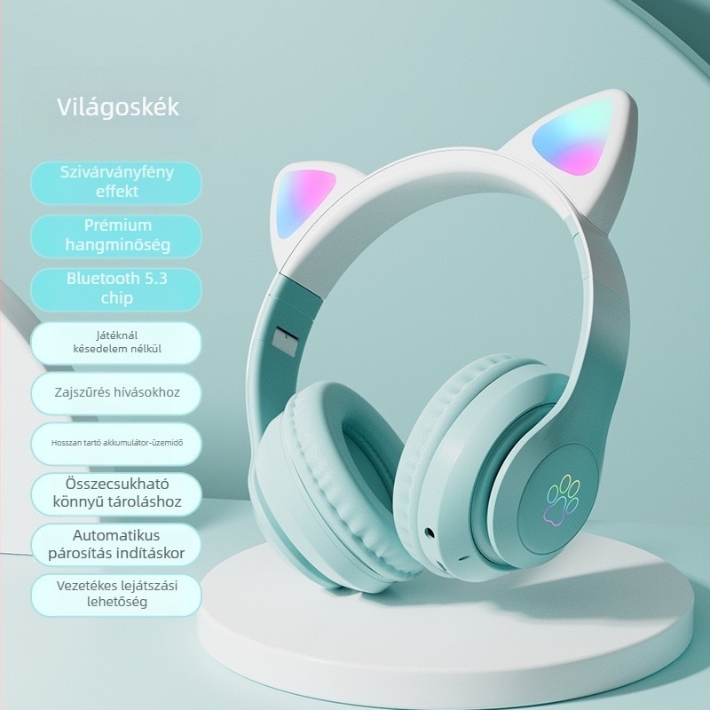 Bluetooth macskafül fejhallgató, fejre illeszkedő, vezeték nélküli gaming fejhallgató, sztereó hangzás, Bluetooth 5.3, 10 m hatótávolság, akkumulátor élettartam 8+ óra