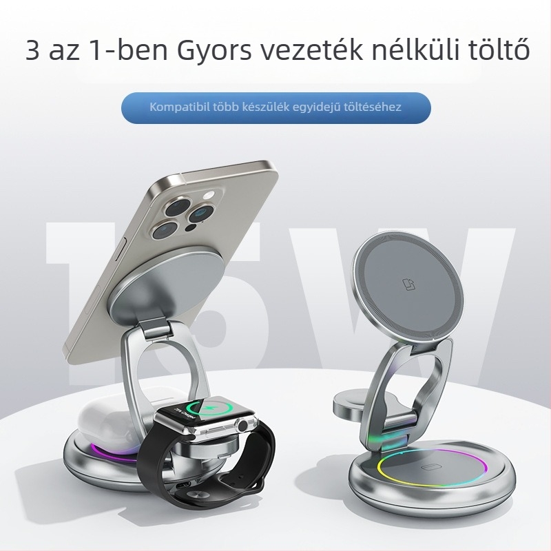 Fém rotációs vezeték nélküli töltő iPhone 17-hez — mágneses tartó, 3-in-1, PD gyors töltés, kimenet 15W+3W+2.5W (összteljesítmény 20W)