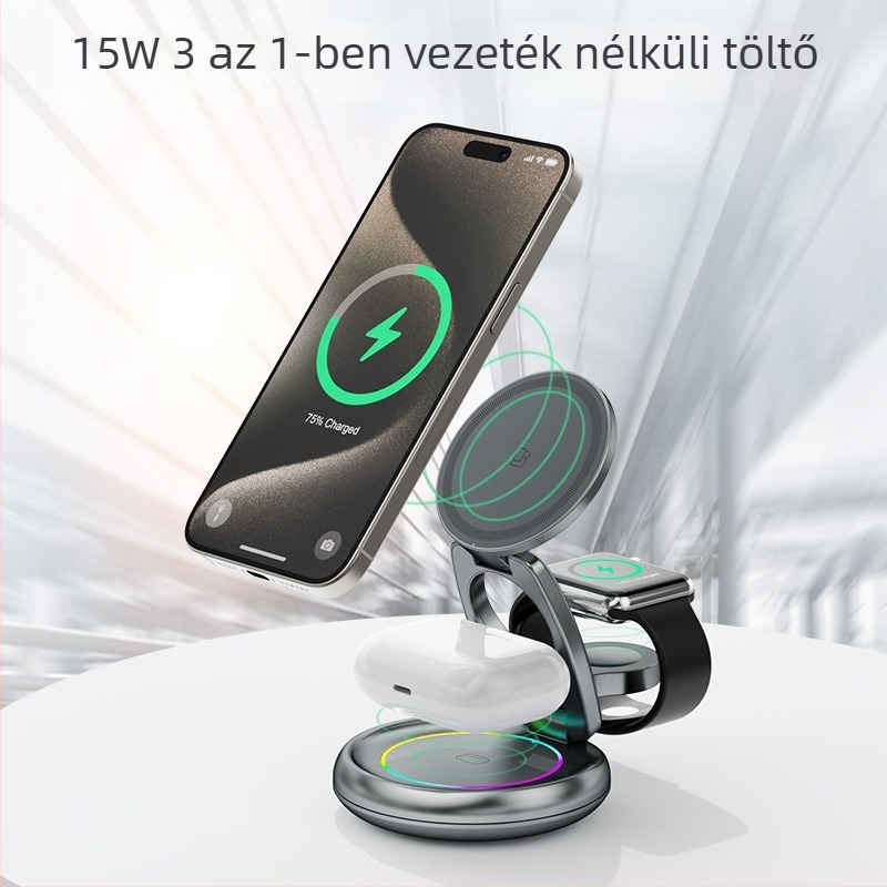 Fém rotációs vezeték nélküli töltő iPhone 17-hez — mágneses tartó, 3-in-1, PD gyors töltés, kimenet 15W+3W+2.5W (összteljesítmény 20W)