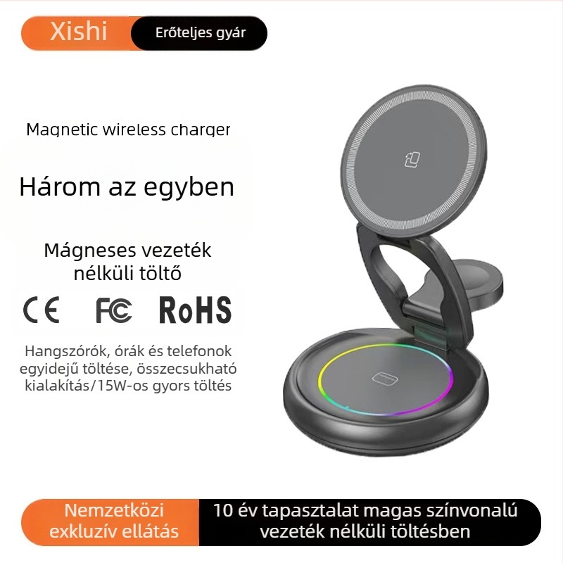 3 az 1-ben Forgó Mágneses Vezeték Nélküli Töltő — 15W PD Gyors Töltés, Mágneses Töltés, 3A Kimenet, Apple Asztali Vezeték Nélküli Töltő Kompatibilis