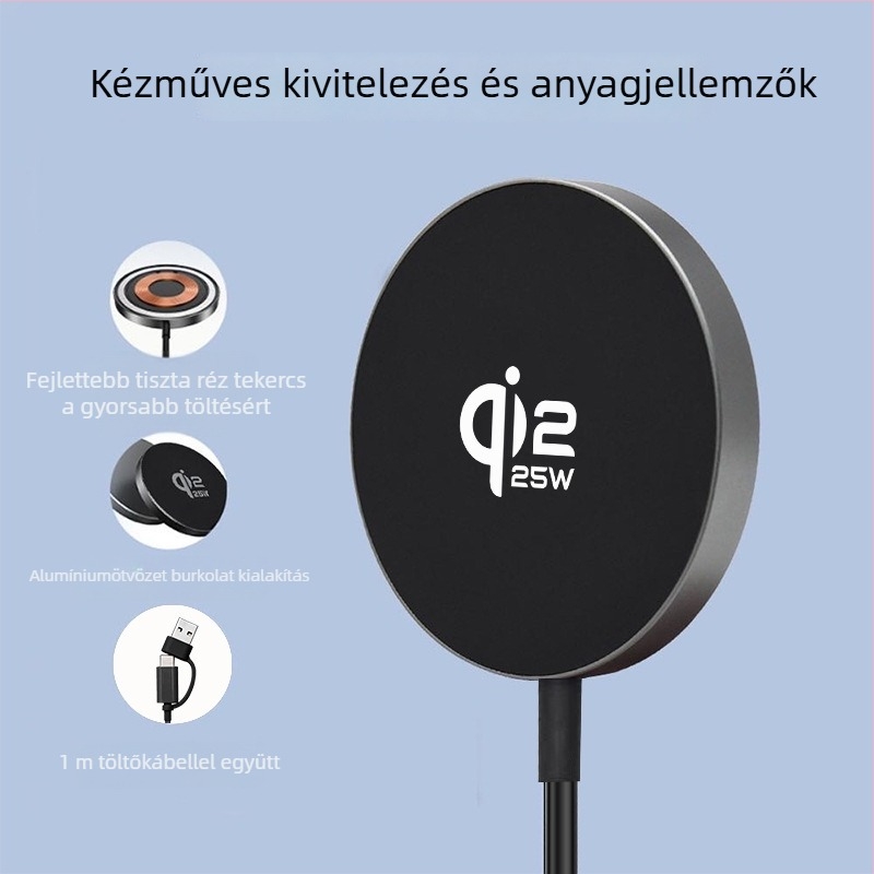 Mágneses vezeték nélküli töltő 25W PD és Qi 2.2 tanúsítvánnyal – fémből készült kialakítás, 3A kimenet
