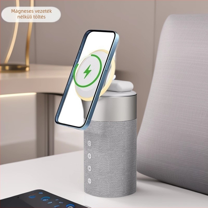Mágneses vezeték nélküli töltő Bluetooth hangszóróval, állítható éjjeli fény, fülhallgatók töltője — QC3.0, 15W max, 2A