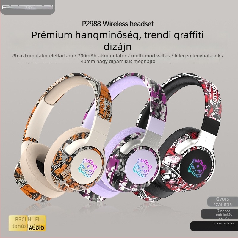 Bluetooth fejhallgató a fül körül LED graffiti világítással és zökkenőmentes 3D fülkék - egyedi modell, Bluetooth 5.4, 10 m hatótávolság, >8 órás üzemidő, 350 mAh