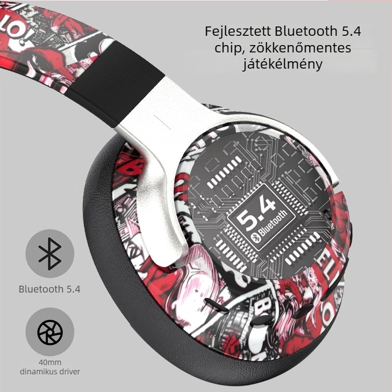 Bluetooth fejhallgató a fül körül LED graffiti világítással és zökkenőmentes 3D fülkék - egyedi modell, Bluetooth 5.4, 10 m hatótávolság, >8 órás üzemidő, 350 mAh