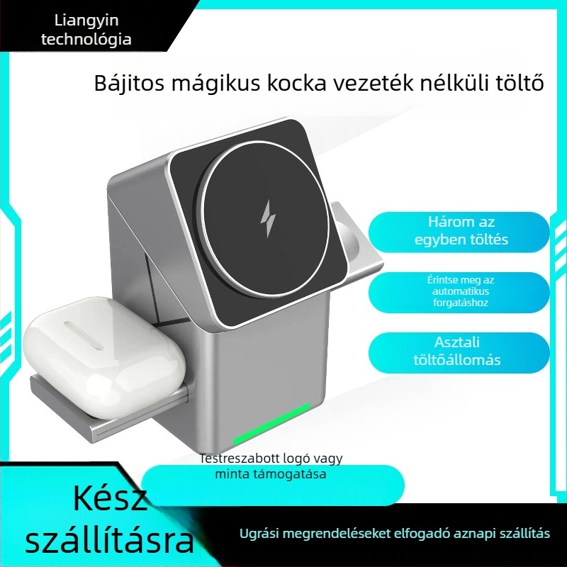 Forgó Rubik-kocka 3-in-1 mágneses vezeték nélküli töltő éjjeli lámpa asztali tartóval (PD, Qi, 15W, 3A)