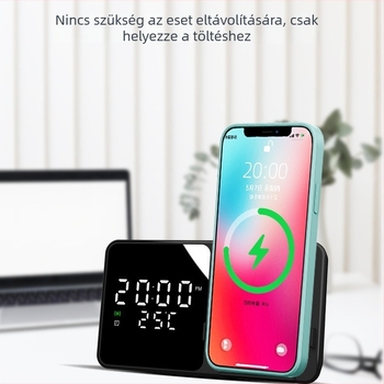 Összecsukható 15W vezeték nélküli töltő asztali használatra, óra és hőmérséklet kijelzővel – mágneses töltés, QC3.0