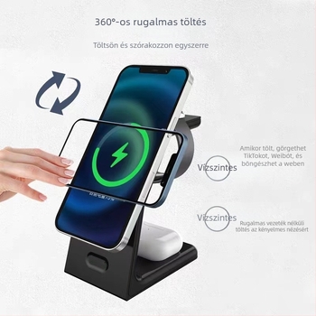 Három az egyben mágneses vezeték nélküli töltő asztali állványhoz, Apple kompatibilis, függőleges töltés, QC3.0, max. 15W, 9V/2A 12V/2A, összteljesítmény 22.5W, támogatja a mágneses töltést