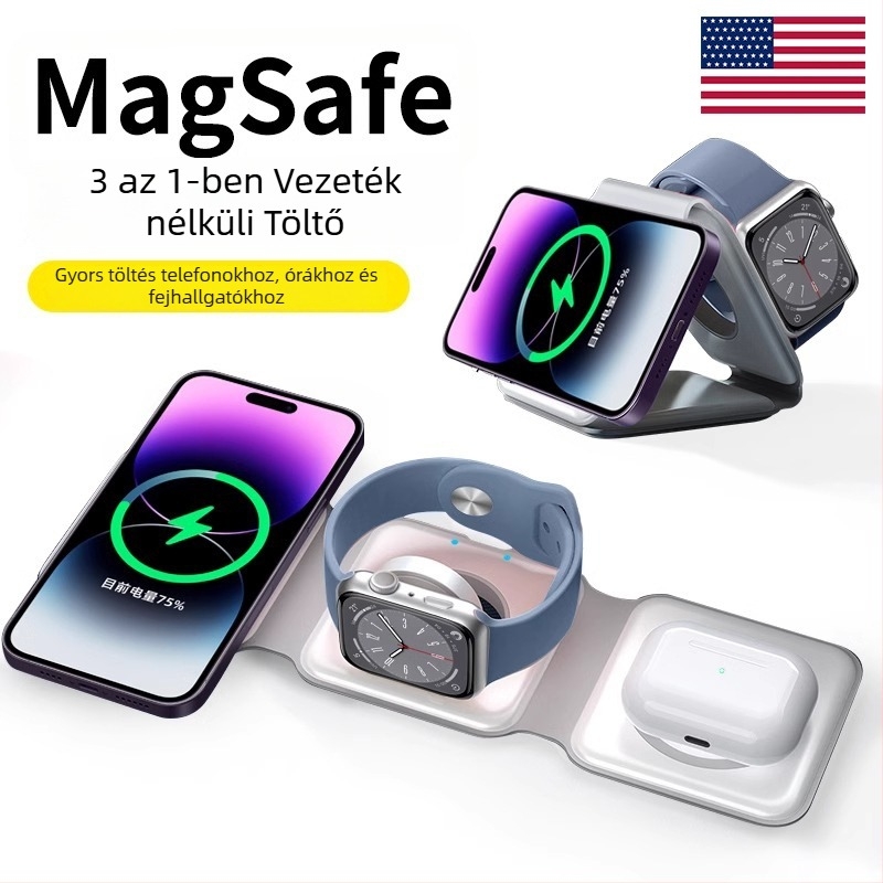 Három az egyben MagSafe vezeték nélküli töltő Apple eszközökhoz, összecsukható mágneses állvánnyal, 15W, QC4.0, 2A