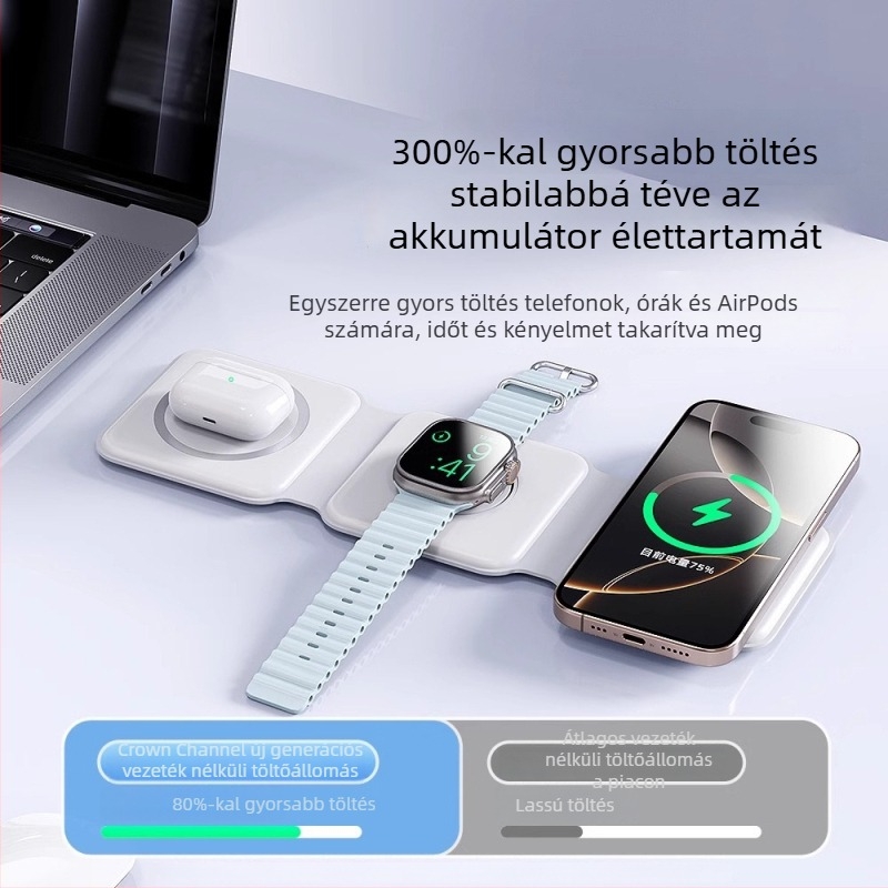 Három az egyben MagSafe vezeték nélküli töltő Apple eszközökhoz, összecsukható mágneses állvánnyal, 15W, QC4.0, 2A