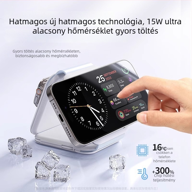 Három az egyben MagSafe vezeték nélküli töltő Apple eszközökhoz, összecsukható mágneses állvánnyal, 15W, QC4.0, 2A