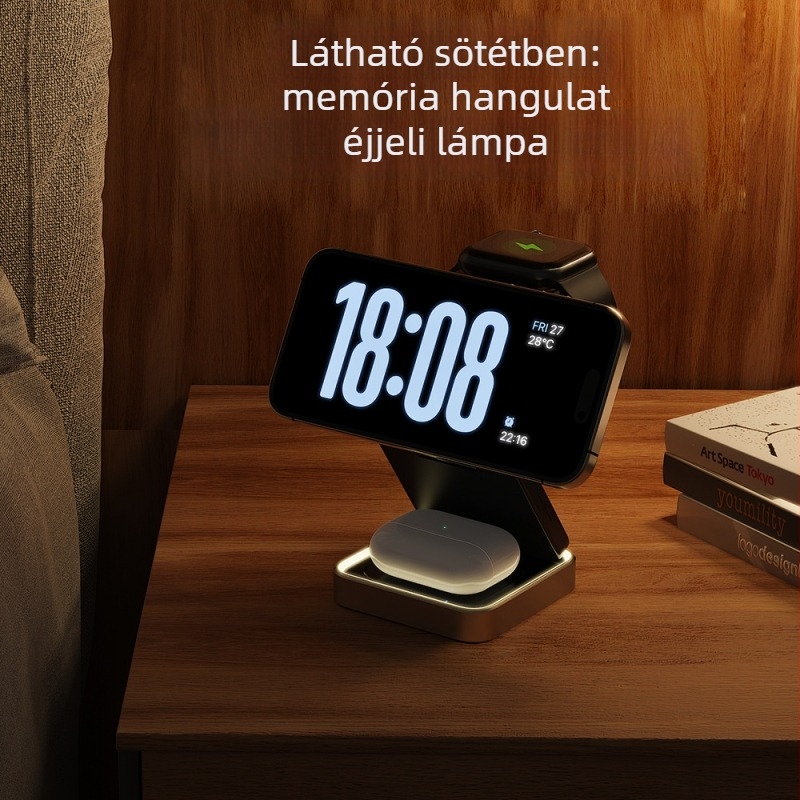 3-in-1 vezeték nélküli töltő, mágneses Qi, 15W gyors töltés Apple eszközökhöz, összecsukható állvány