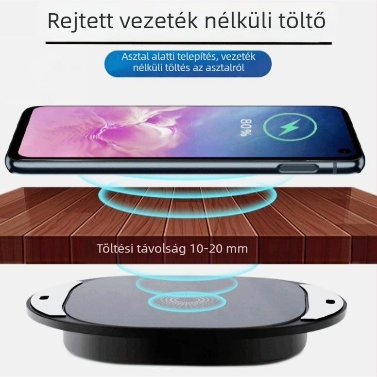 Vezeték nélküli töltő 10W az asztal alatti telepítéshez — kimenet 1.5A, DC protokoll, CE/FCC/ROHS tanúsítvány