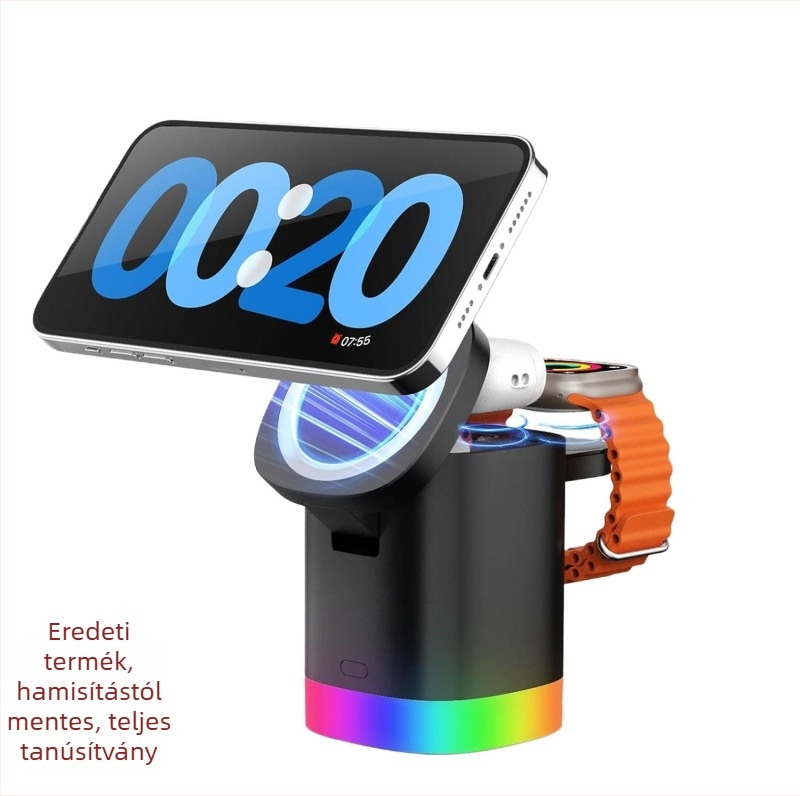 Három az egyben összecsukható mágneses vezeték nélküli töltő asztali használatra MagSafe, max. 15W, USB-C