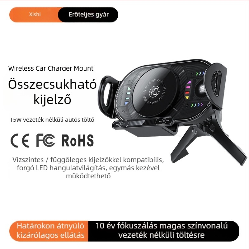 360°-os forgatható autós vezeték nélküli töltő, PD 15W, mágneses töltés, univerzális