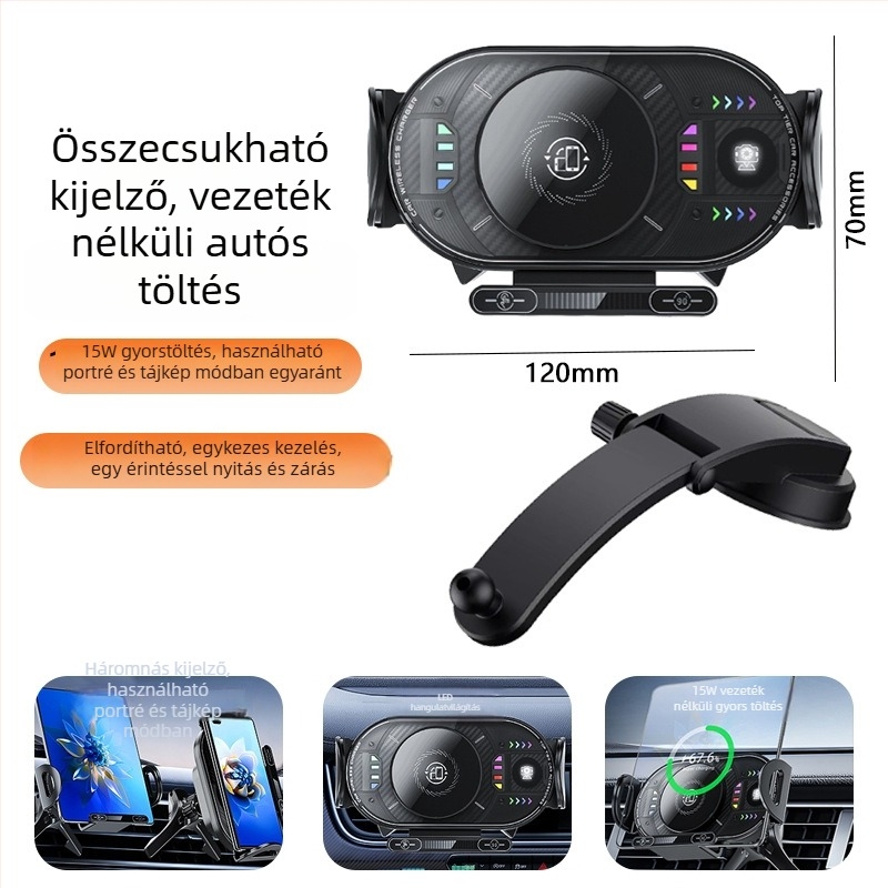 360°-os forgatható autós vezeték nélküli töltő, PD 15W, mágneses töltés, univerzális