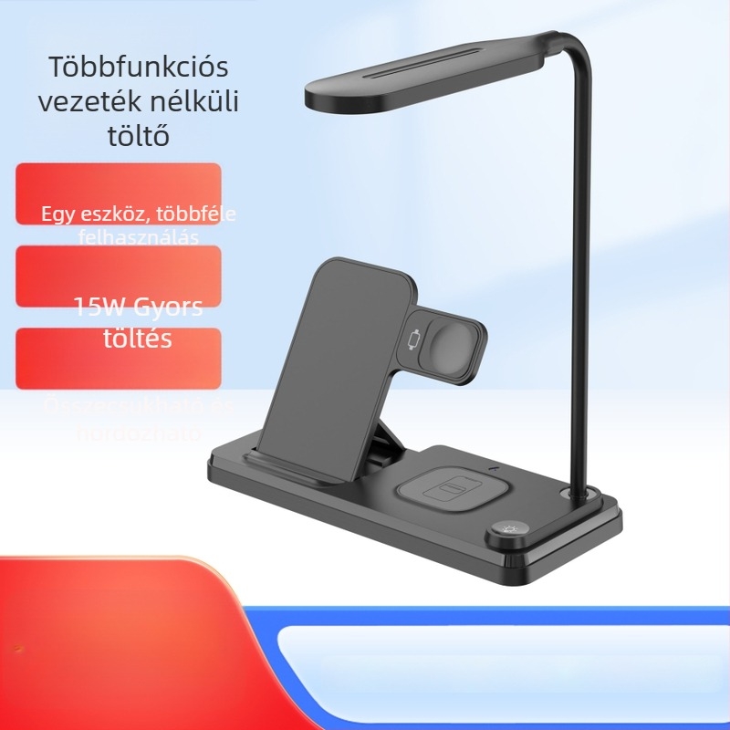 Asztali vezeték nélküli töltő éjjeli lámpával és telefon tartóval – 3 az 1-ben Qi töltő, max 25W, kimeneti áram 1,66A