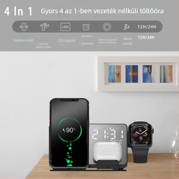 4 az 1-ben vezeték nélküli töltő LED-digitális ébresztőórával és tükörrel iPhone 16/17, Apple Watch és fülhallgatók számára — 15W, QC4.0, mágneses töltés