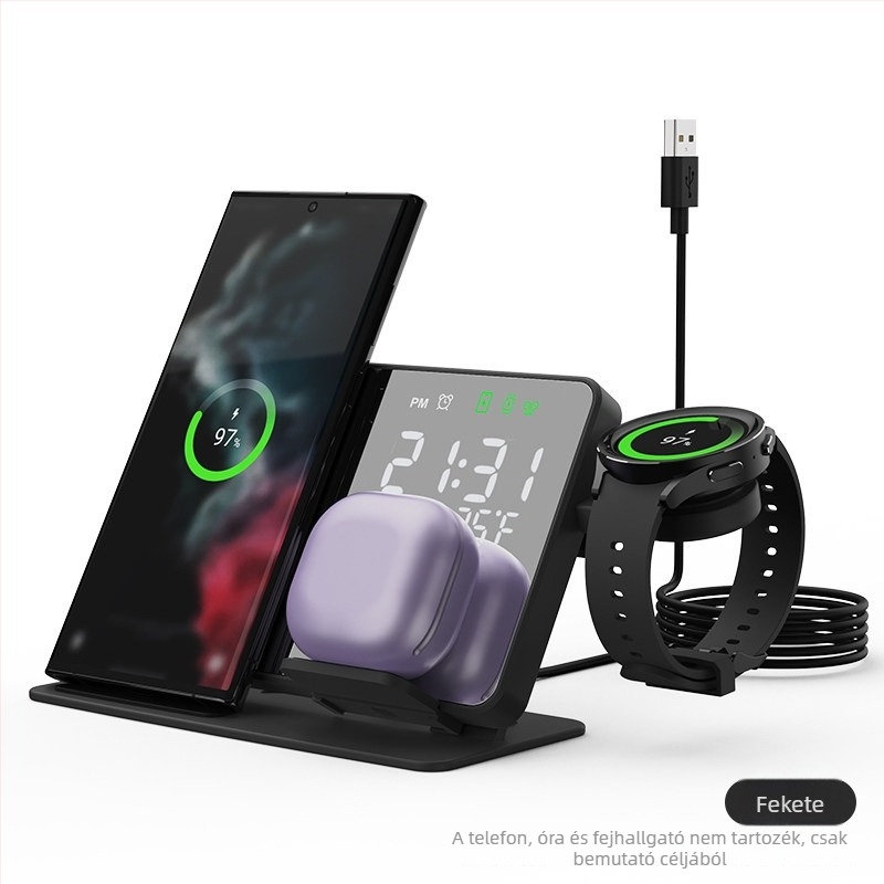 4 az 1-ben vezeték nélküli töltő LED-digitális ébresztőórával és tükörrel iPhone 16/17, Apple Watch és fülhallgatók számára — 15W, QC4.0, mágneses töltés