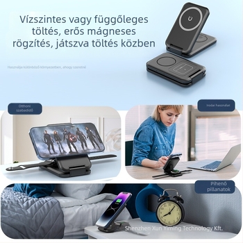 Három-in-1 vezeték nélküli töltő MagSafe mágneses töltéssel, hordozható összecsukható állvány, QC3.0 gyorstöltés, max. 15W