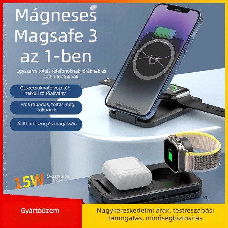 Három-in-1 vezeték nélküli töltő MagSafe mágneses töltéssel, hordozható összecsukható állvány, QC3.0 gyorstöltés, max. 15W