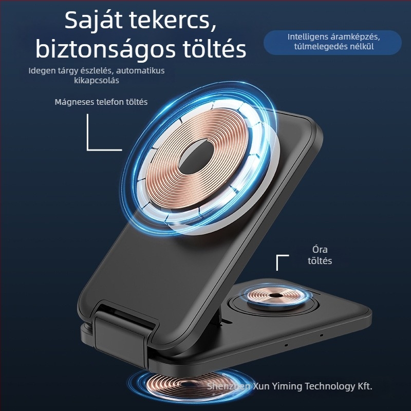 Három-in-1 vezeték nélküli töltő MagSafe mágneses töltéssel, hordozható összecsukható állvány, QC3.0 gyorstöltés, max. 15W