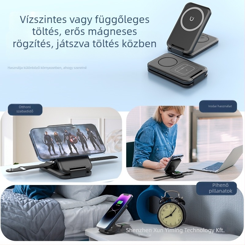 Három-in-1 vezeték nélküli töltő MagSafe mágneses töltéssel, hordozható összecsukható állvány, QC3.0 gyorstöltés, max. 15W