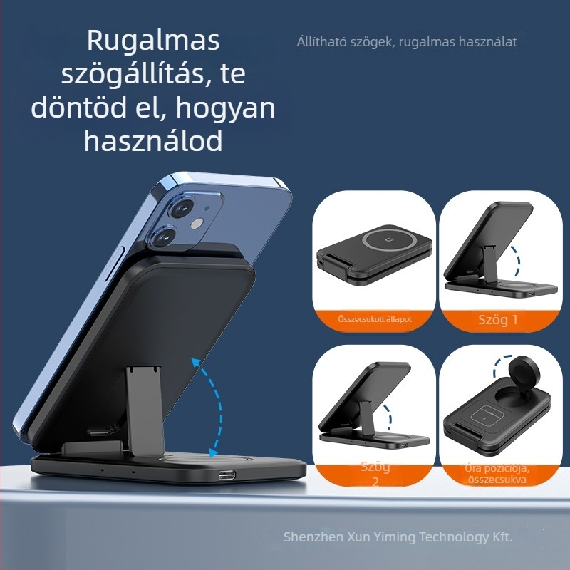 Három-in-1 vezeték nélküli töltő MagSafe mágneses töltéssel, hordozható összecsukható állvány, QC3.0 gyorstöltés, max. 15W
