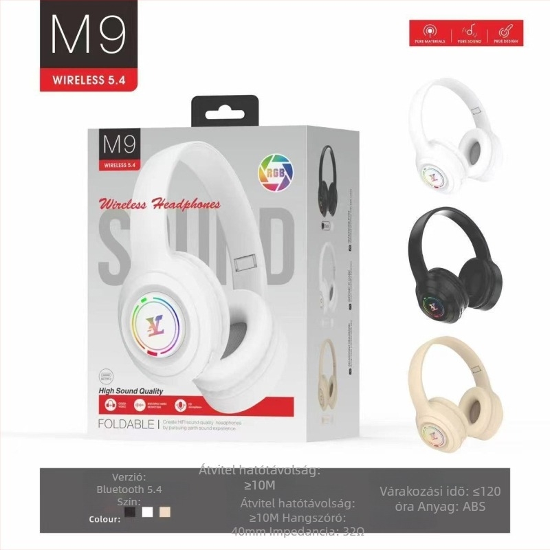 M9 Bluetooth over-ear gaming fejhallgató mikrofonnal, vezeték nélküli, Bluetooth 5.2, üzemidő 4-8 óra, impedancia 360 Ω, érzékenység 108 dB