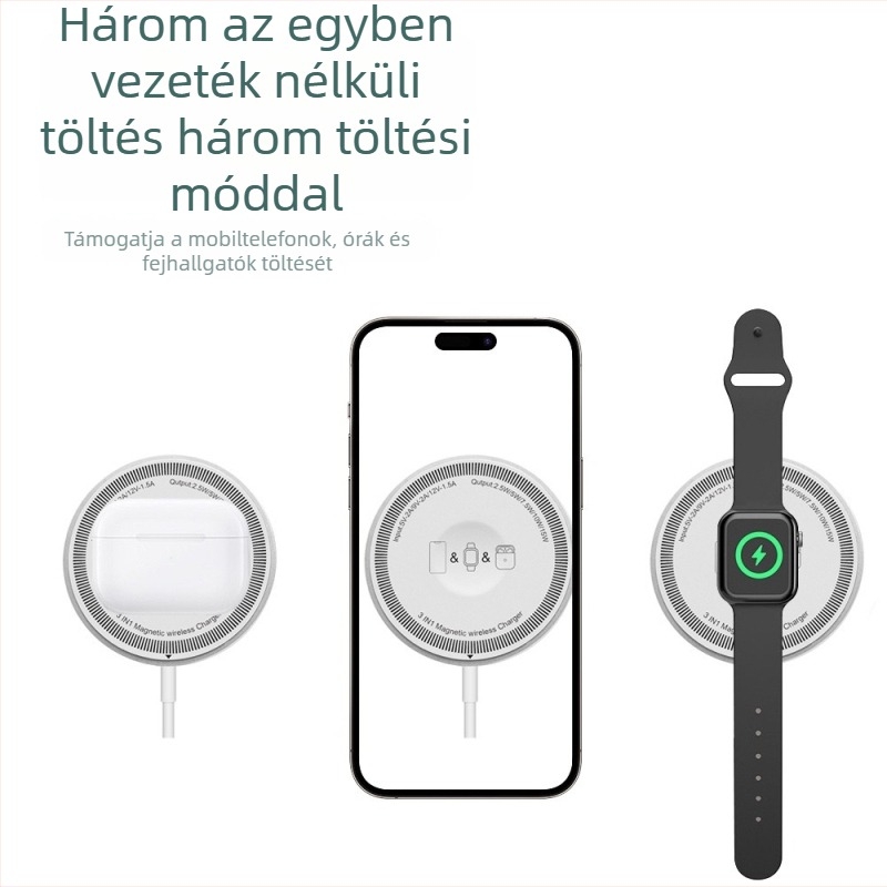 15W-os mágneses vezeték nélküli töltő kétportos – fülhallgató és óra számára, 3 az 1-ben, hordozható
