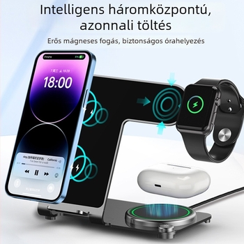 Három az egyben vezeték nélküli töltő, függőleges asztali tartó, kéttekercses gyors töltés, 15W QC3.0