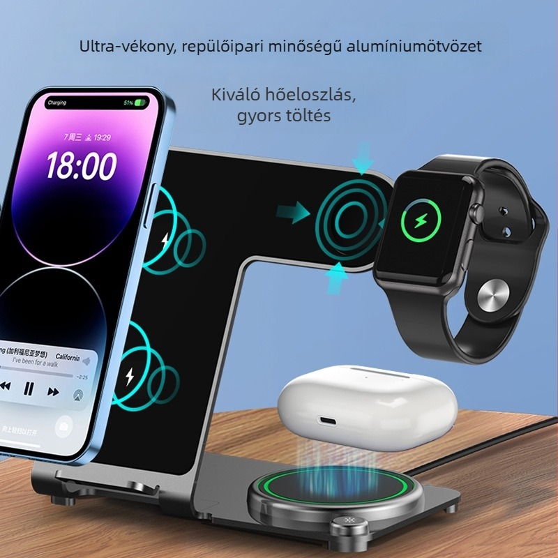 Három az egyben vezeték nélküli töltő, függőleges asztali tartó, kéttekercses gyors töltés, 15W QC3.0