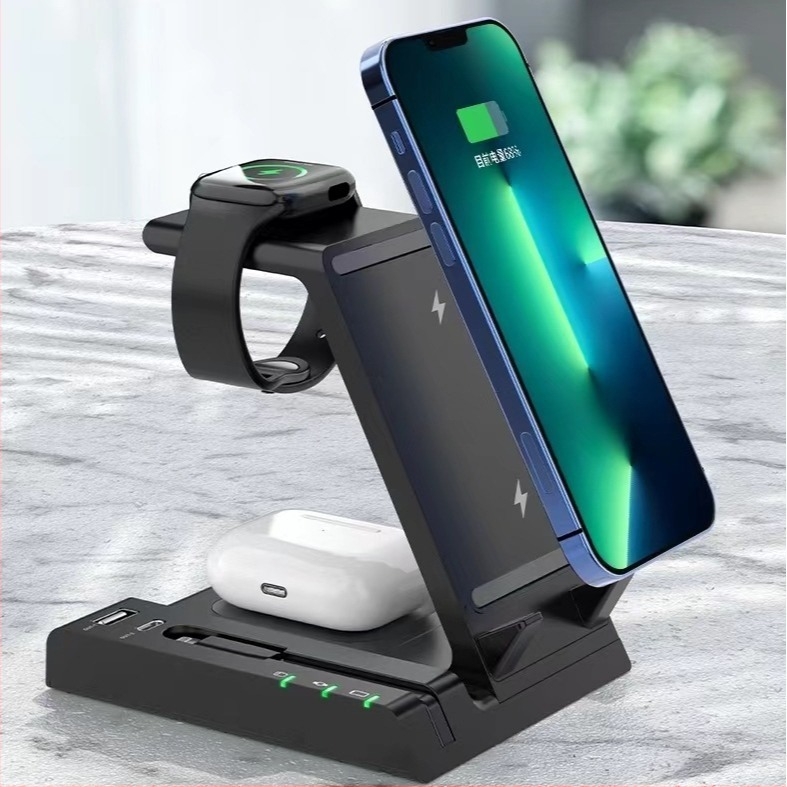 Hat-in-1 vezeték nélküli töltő PD gyors töltéssel az iPhone sorozathoz, 35W kimenet, 50W összteljesítmény, Qi/CE/ROHS tanúsítvány, telefon-tartóval