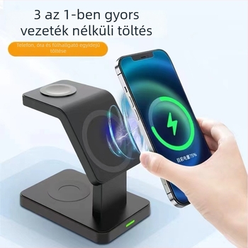 Mágneses három-in-one asztali vezeték nélküli töltő függőleges állvánnyal óra és fülhallgatók számára, QC3.0 gyors töltés, 2A kimenet, max 15W (teljes teljesítmény 25W)