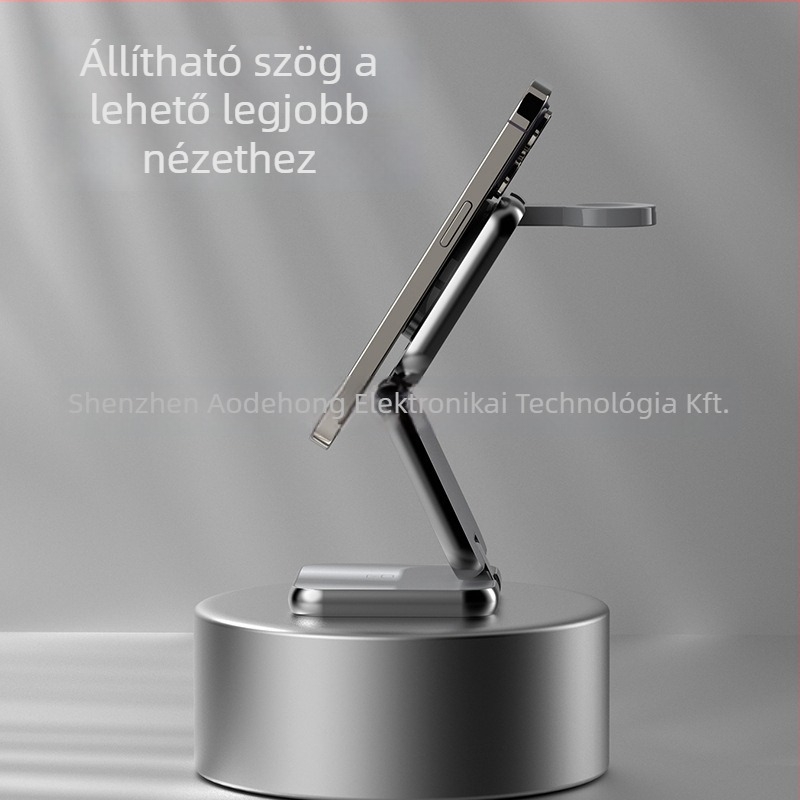 Fém 3-in-1 vezeték nélküli töltő telefonhoz és Apple Watch-hoz mágneses hajlított dokkal, 15W, Qi QC3.0