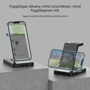 3-in-1 vezeték nélküli töltőóra és telefonhoz tartó állvány, függőleges kialakítás, 15W gyors töltés, QC3.0, 3A, ABS+PC csúszásmentes szilikon