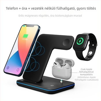 Három az egyben vezeték nélküli töltő tartó iPhone-ra, AirPods-ra és Apple Watch-ra — 15W, QC3.0, bemenet 12V, 3A