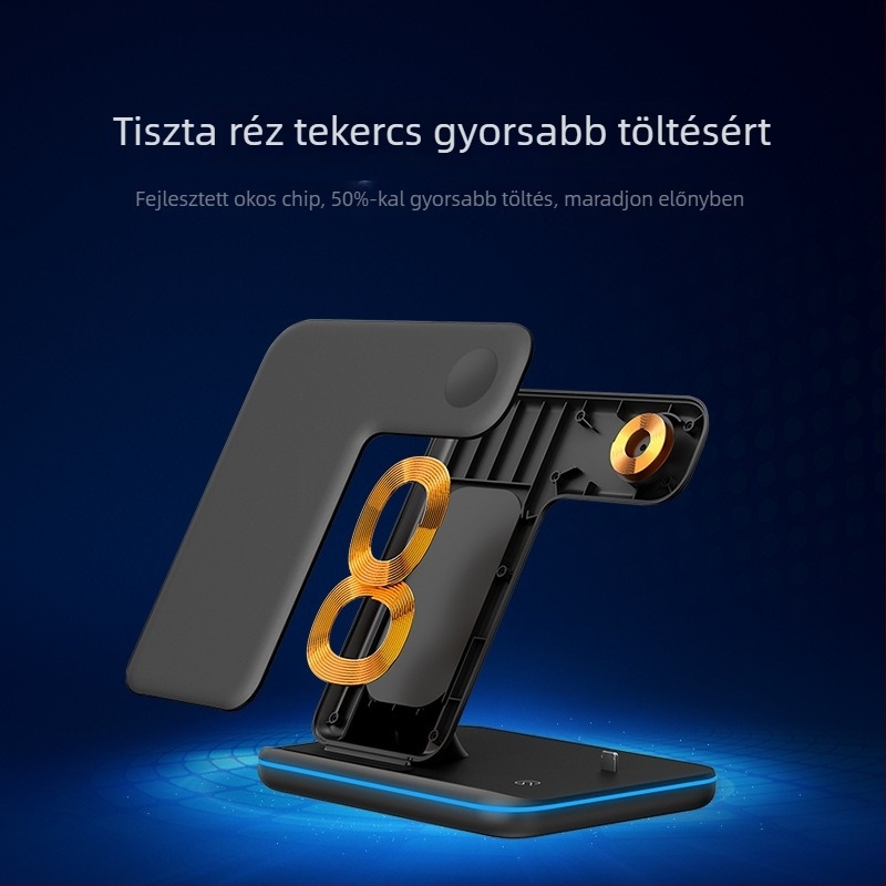 Három az egyben vezeték nélküli töltő tartó iPhone-ra, AirPods-ra és Apple Watch-ra — 15W, QC3.0, bemenet 12V, 3A