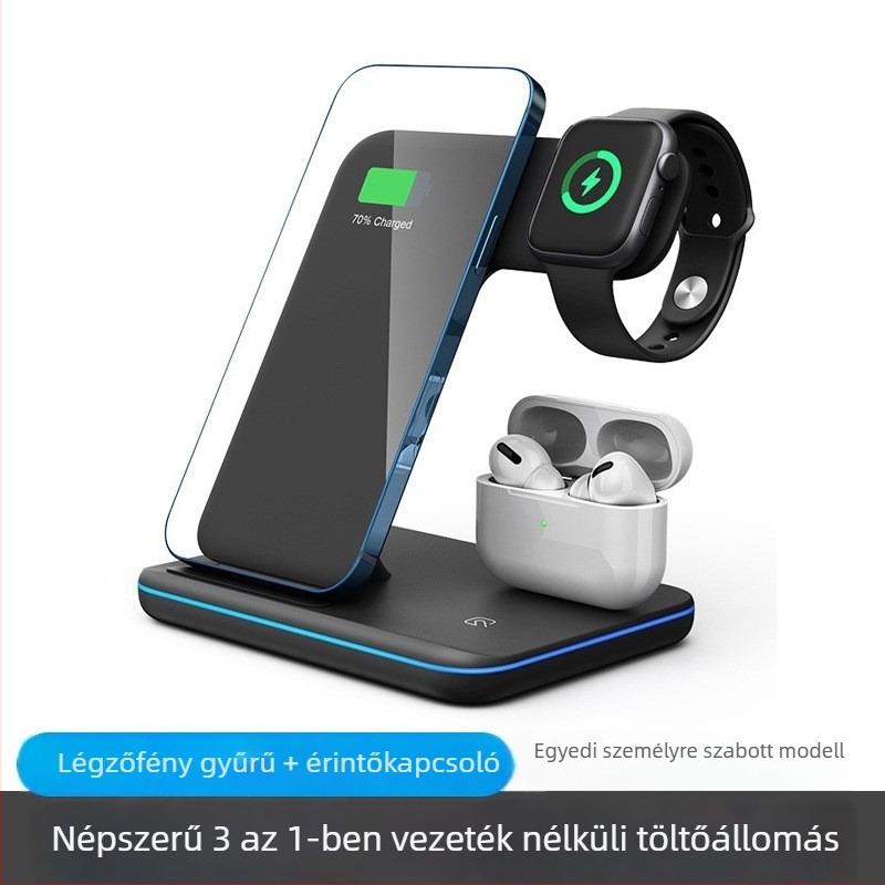 Három az egyben vezeték nélküli töltő tartó iPhone-ra, AirPods-ra és Apple Watch-ra — 15W, QC3.0, bemenet 12V, 3A