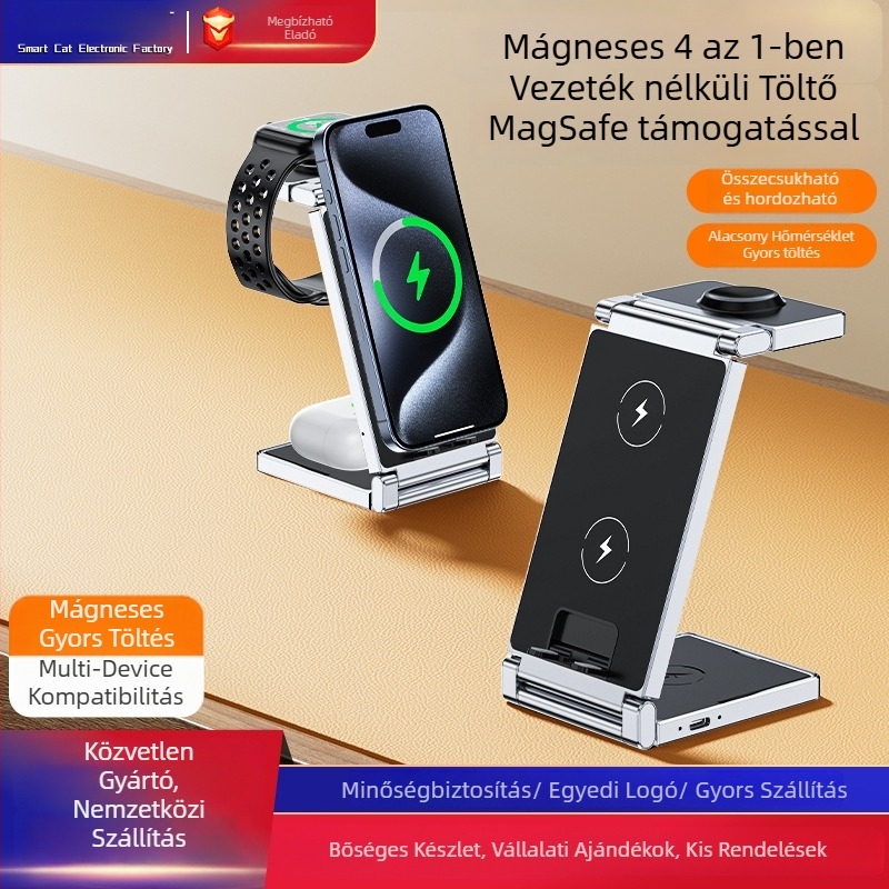 3 az 1-ben asztali vezeték nélküli gyorstöltő és összecsukható telefonállvány tárolóval, mágneses töltés, digitális kijelző, iPhone 15-höz (akár 15W)