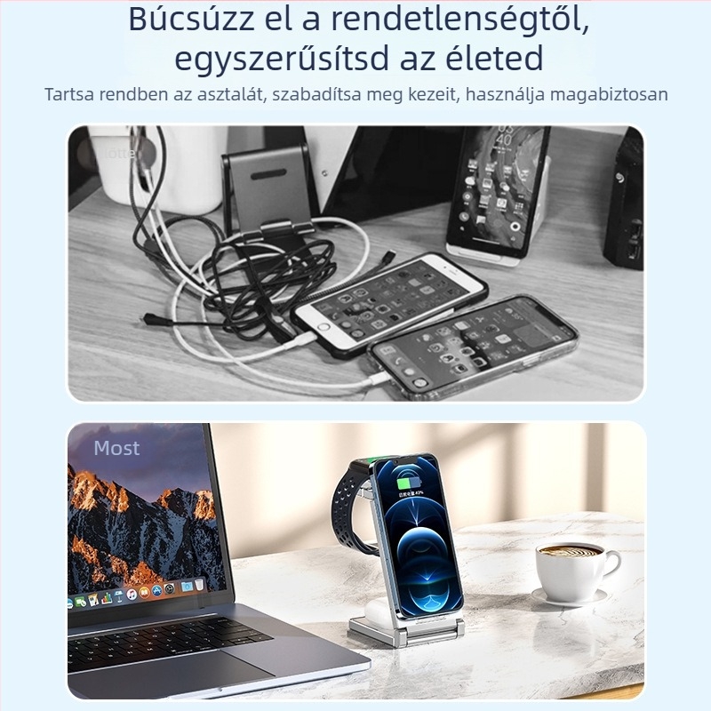 3 az 1-ben asztali vezeték nélküli gyorstöltő és összecsukható telefonállvány tárolóval, mágneses töltés, digitális kijelző, iPhone 15-höz (akár 15W)