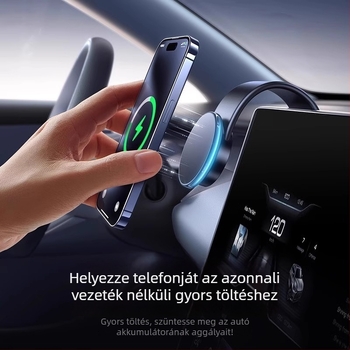 Autóba szerelhető vezeték nélküli töltő Qi2-vel, erős mágneses rögzítés, összecsukható telefon-tartó, 15W QC3.0
