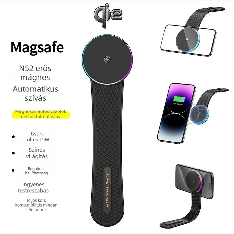 Autóba szerelhető vezeték nélküli töltő Qi2-vel, erős mágneses rögzítés, összecsukható telefon-tartó, 15W QC3.0