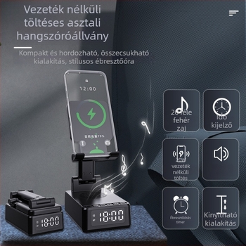 3-in-1 összecsukható telefon-tartó 15W-os vezeték nélküli töltéssel, Bluetooth hangszóró, ébresztőóra és fehér zaj alváshoz