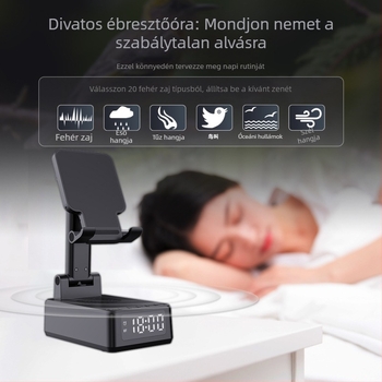 3-in-1 összecsukható telefon-tartó 15W-os vezeték nélküli töltéssel, Bluetooth hangszóró, ébresztőóra és fehér zaj alváshoz