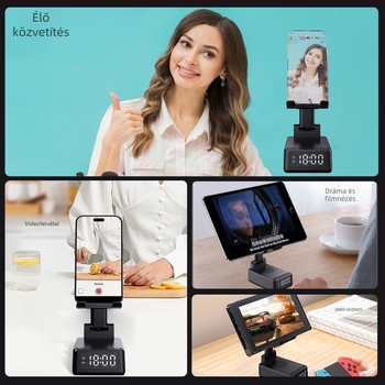 3-in-1 összecsukható telefon-tartó 15W-os vezeték nélküli töltéssel, Bluetooth hangszóró, ébresztőóra és fehér zaj alváshoz